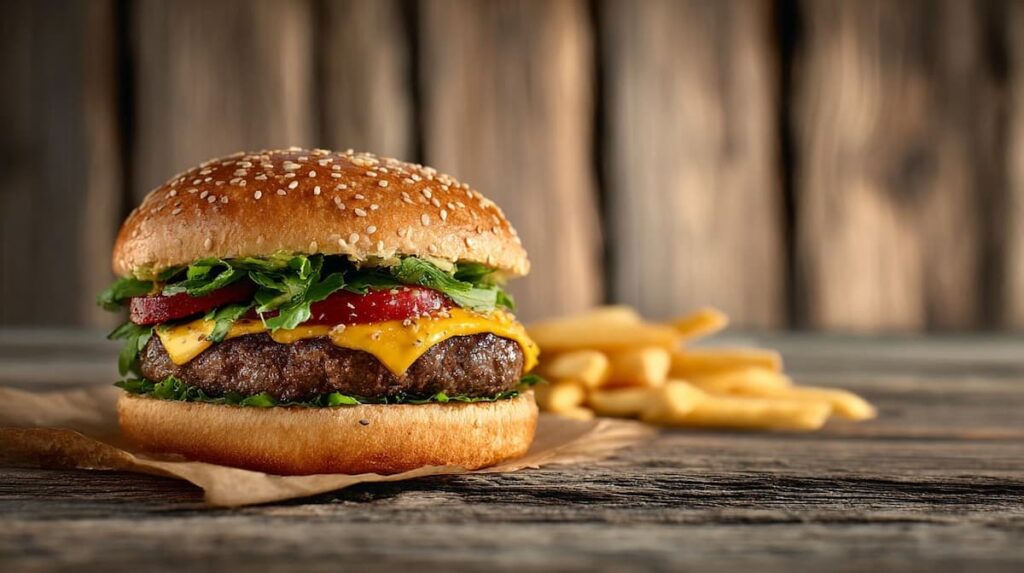 Imagem mostra hambúrguer clássico e porção de fritas servido em uma das melhores hamburguerias em Ipatinga.